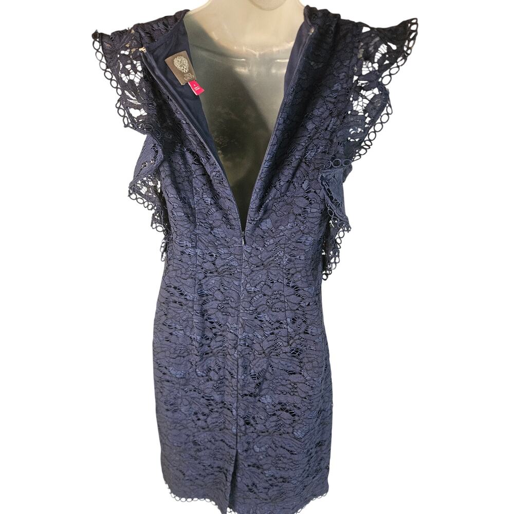 Vince Camuto Navy Blue Lace Dress Sz 4 Ruffled Sleeveless Zip Up Body Con - Picture 5 of 9